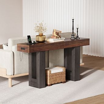 63" Entryway Console Table, Wooden Narrow Long Sofa Table with Power Outlet