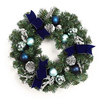 18 in Blue Silver Pre-Lit Christmas Wreath, 15 LED Lights, Bows and Ball Ornaments