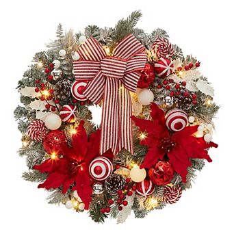 24 in Pre-Lit Artificial Christmas Wreath, Battery Operated LED, Red Bow, Berries and Pine Cones