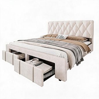 Full Bed Frame,Upholstered Platform Bed,Queen Bed Frame With Storage Drawers,No Box Spring Needed