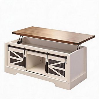 Wood Lift Top Coffee Table,Dining Center Table With Sliding Barn Door,Lifting Tabletop