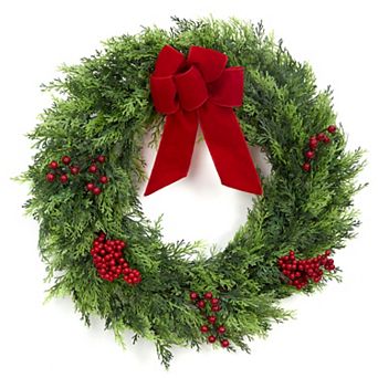 24 Inch Large Artificial Christmas Wreat - Green Cypress with Berry Clusters & Burgundy soft Bow