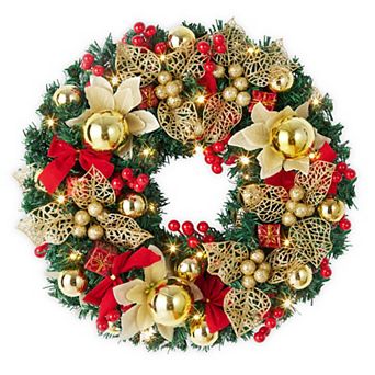 18" Pre-Lit Artificial Christmas Wreath with LED Lights Red & Gold Berries, Ornaments & Bow Knots