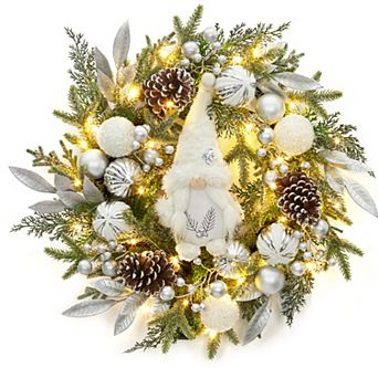 22" Pre-Lit Silver Christmas Gnome Wreath with 30 LED Lights, 8 Flashing Modes, Battery Operated
