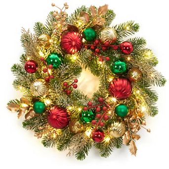 16 in Pre-Lit Snow-Flocked Christmas Wreath, 30 Battery Operated LEDs, Red Green Gold Balls