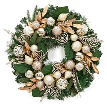 24" Pre-Lit Gold Christmas Wreath with LED Lights, Pine Cones, Red Bows & Ball Ornaments