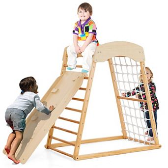 Costway 6-in-1 Wood Jungle Gym Montessori Climbing Play Set with Double-sided Ramp