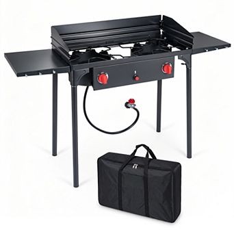 Costway 2 Burner Propane Gas Stove with Windscreen, Side Shelves, Regulator & Carry Bag