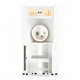 Costway Corner Vanity Desk with Mirror & Lights Compact Dressing Table with Charging Station