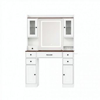Costway 41.5" Vanity Desk with Mirror Lights Power Outlets Hair Dryer Rack Storage Shelves