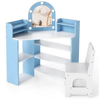 Costway Corner Kids Vanity with Lights, 3 Storage Shelves, 5 Open Compartments, Accessories