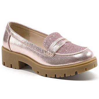 HOMEHOT Girls Loafers Platform Glitter Dress Shoes