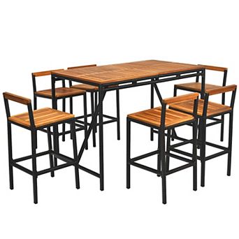 Costway 7 pc Patio Rattan Bar Set Acacia Wood Frame Stools Table Umbrella Hole