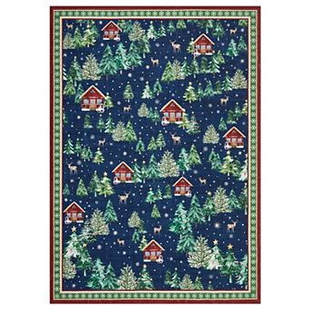 GloryStar Christmas Area Rug Forest Cabin Xmas Tree Deer Decor Rug Non‑Slip Low‑Pile Holiday Carpet