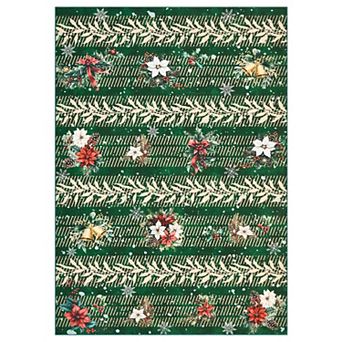 Christmas Area Rug Floral Holiday Decor Non‑Slip Low‑Pile Floor Mat Washable Carpet for Living Room
