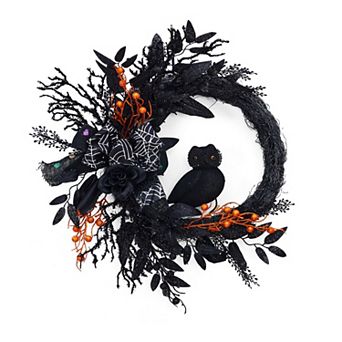 22" Halloween Wreath Black Owl Pattern Bow Orange Berries Twig Wreath for Front Door Decor