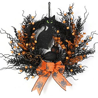 22" Halloween Wreath Black Orange Cat Web Ribbon Berries Front Door Decor