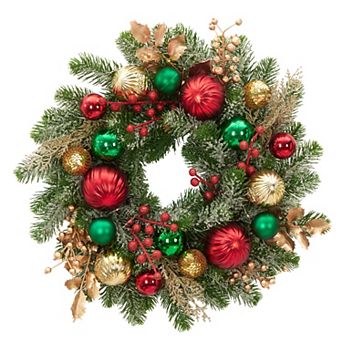 16" Pre lit Christmas Wreath Red Green Gold Baubles 30 LEDs 8 Modes Timer Front Door Decor