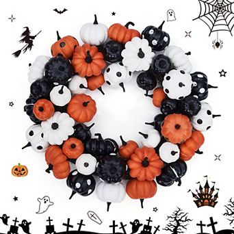18" Halloween Pumpkin Wreath Orange Black White Pumpkins White Florals Front Door Wreath
