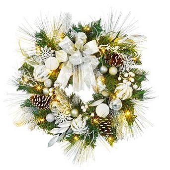 24" Pre lit Christmas Wreath White Green Wreath LED Lights Timer for Front Door Wall Window Decor