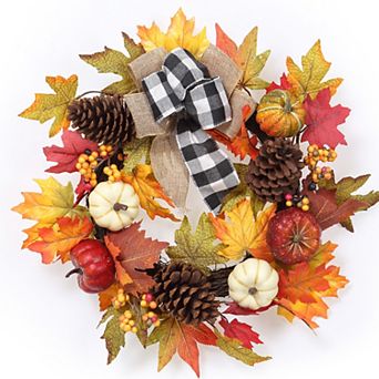 20" Fall Wreath Maple Leaves White Red Pumpkins Pinecones Buffalo Plaid Bow Front Door Decor