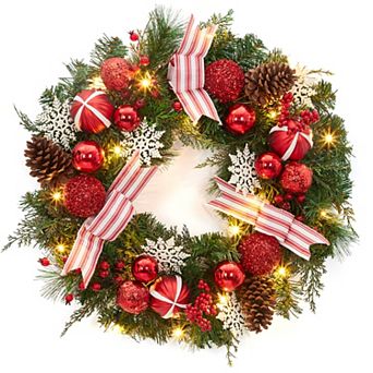24" Pre lit Christmas Wreath Red Baubles Snowflakes 20 LEDs 8 Modes Timer Front Door Decor