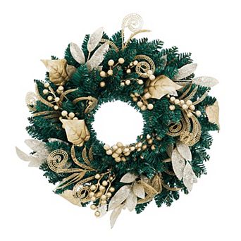 18" Christmas Wreath Golden Glitter Leaves Berries Spiral Decor for Front Door Decor