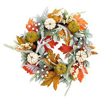 20" Fall Wreath Pumpkins Maple Leaves Berries for Front Door Autumn Decor