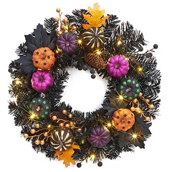 20" Pre lit Halloween Wreath Pumpkin Maple Leaves Timer LED Lights Front Door Decor