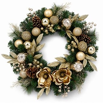 24" Pre lit Christmas Wreath Baubles Flowers Leaves LED Lights Timer for Front Door Decor