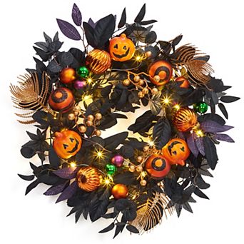 20" Pre lit Halloween Wreath Pumpkin Ornaments Timer LED Lights Front Door Decor