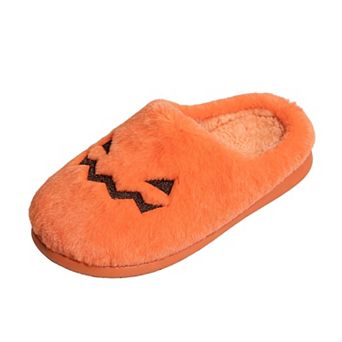 Women Fuzzy Halloween Slippers, Pumpkin Face Embroidery Closed Toe Slide for Indoor Holiday Party