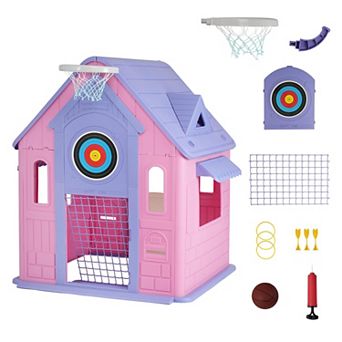 Indoor & Outdoor Toddler Playhouse Cottage with Ball Games, Mailbox, Windows, Half Door for Children