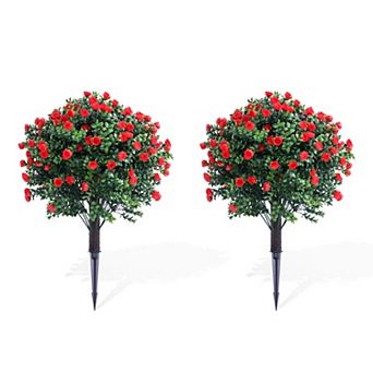 2 Pack PE Artificial Rose Topiary Bushes, UV Resistant Red & Green Faux Plants with Ground Spikes