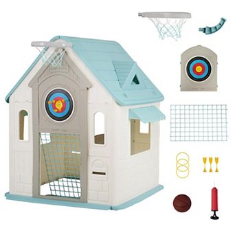 Multi-Activity Cottage Playhouse, Indoor Outdoor Kids Playhouse with Basketball Hoop, Soccer Goal
