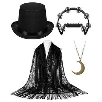 Punk Top Hat Costume Set Fringe Shawl Tambourine Moon Necklace For Women Parade Dance Recital