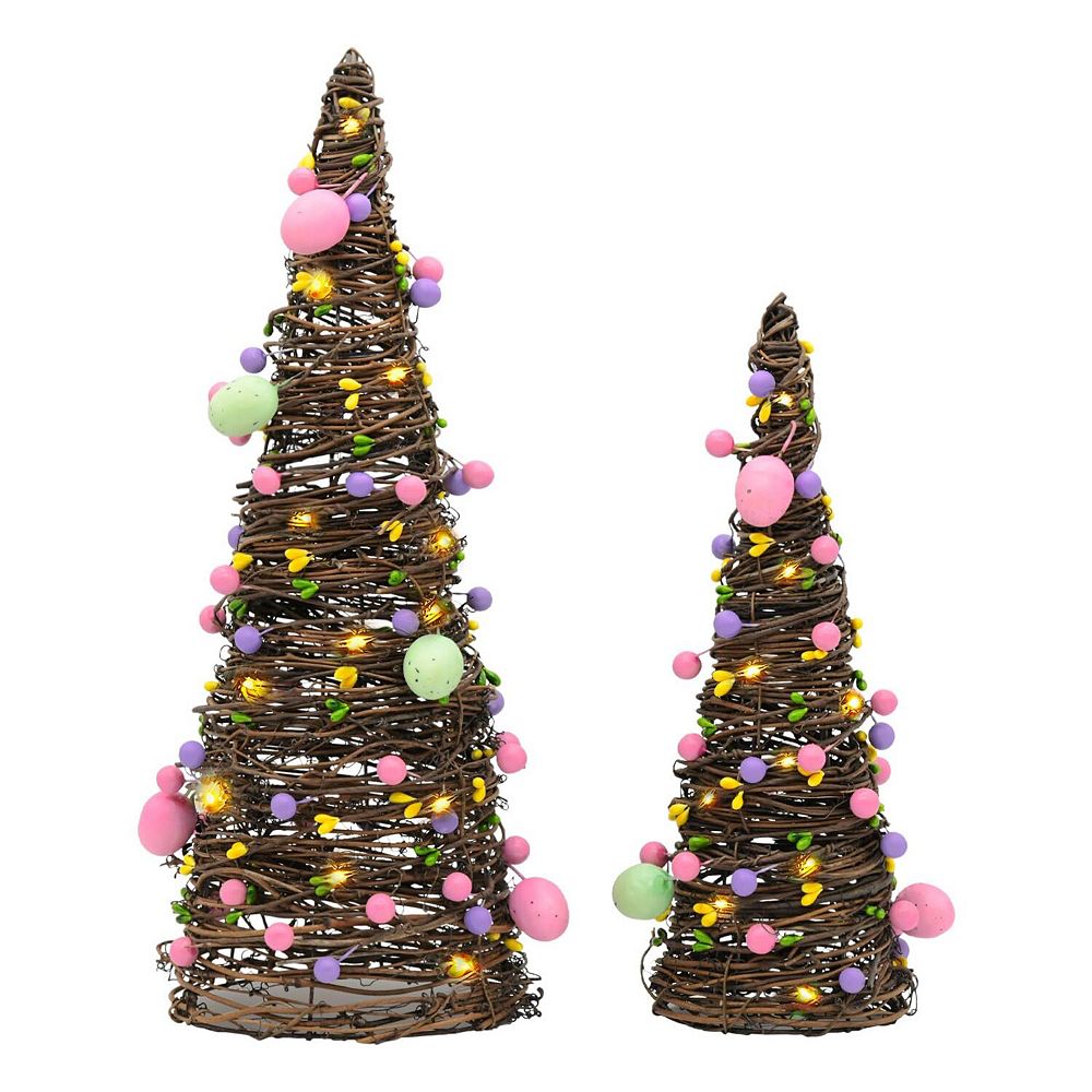 Halloween Lighted Rattan Twig Trees Set of 2 Spooky Fall Tabletop Decor