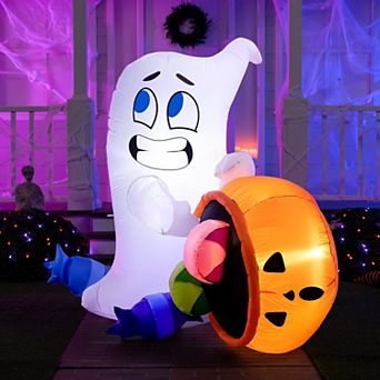 5 Ft Tall Inflatable Ghost Outdoor Decoration With LED Lights And Candy Cauldron
