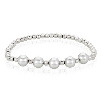 Women's Gray Crystal Pearls and Steel Bead Stretch Bracelet (4mm Wide)