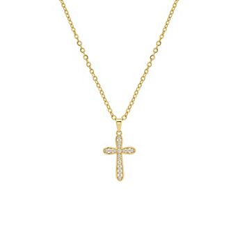 PRIMROSE 14k Gold Flash Plated Cubic Zirconia Cable Chain Cross Pendant Necklace