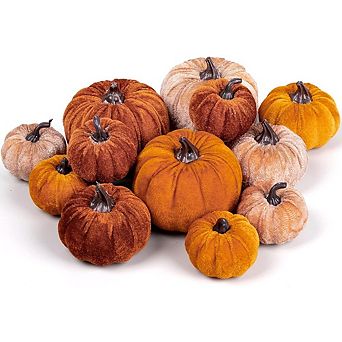 12 pc Velvet Faux Pumpkins, Assorted Sizes, Fall Harvest Decor