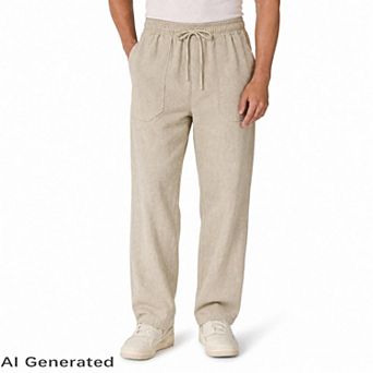 Men's Casual Linen Cotton Pants Elastic Waist Straight Leg Loose Long Trousers