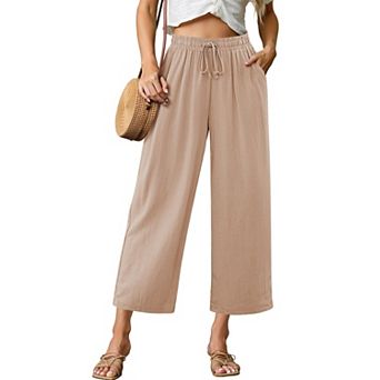 Women High Waisted Wide Leg Linen Capri Pants Casual Summer Flowy
