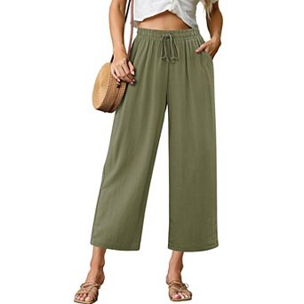 Women High Waisted Wide Leg Linen Capri Pants Casual Summer Flowy