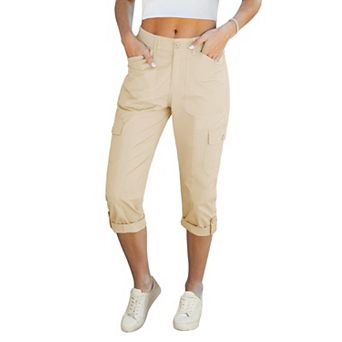 Women High Waisted Cargo Capri Pants Elastic Waist Rolled Hem With Pockets