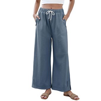 Womens Wide Leg Palazzo Pants Drawstring Elastic Waist Casual Lounge Trousers With Pockets