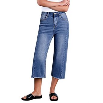 Women High Waisted Wide Leg Capri Denim Jeans Stretchy Raw Hem Pockets