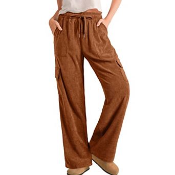 Womens High Waisted Corduroy Cargo Pants Loose Wide Leg With Pockets