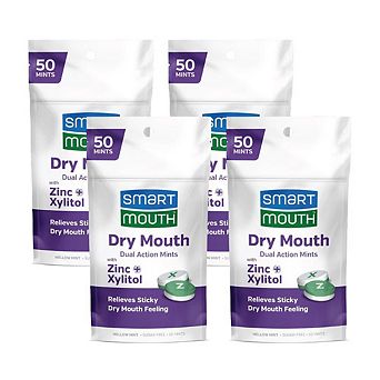 SmartMouth Dry Mouth Dual-Action Mints - Zinc & Xylitol - Mellow Mint - 50 Count, 4-Pack