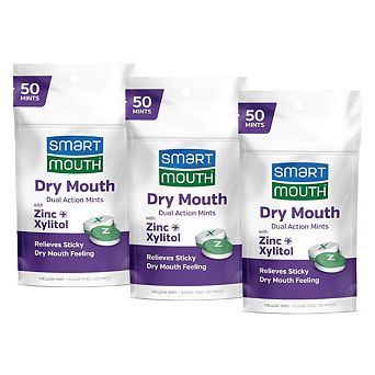 SmartMouth Dry Mouth Dual-Action Mints - Zinc & Xylitol - Mellow Mint - 50 Count, 3-Pack